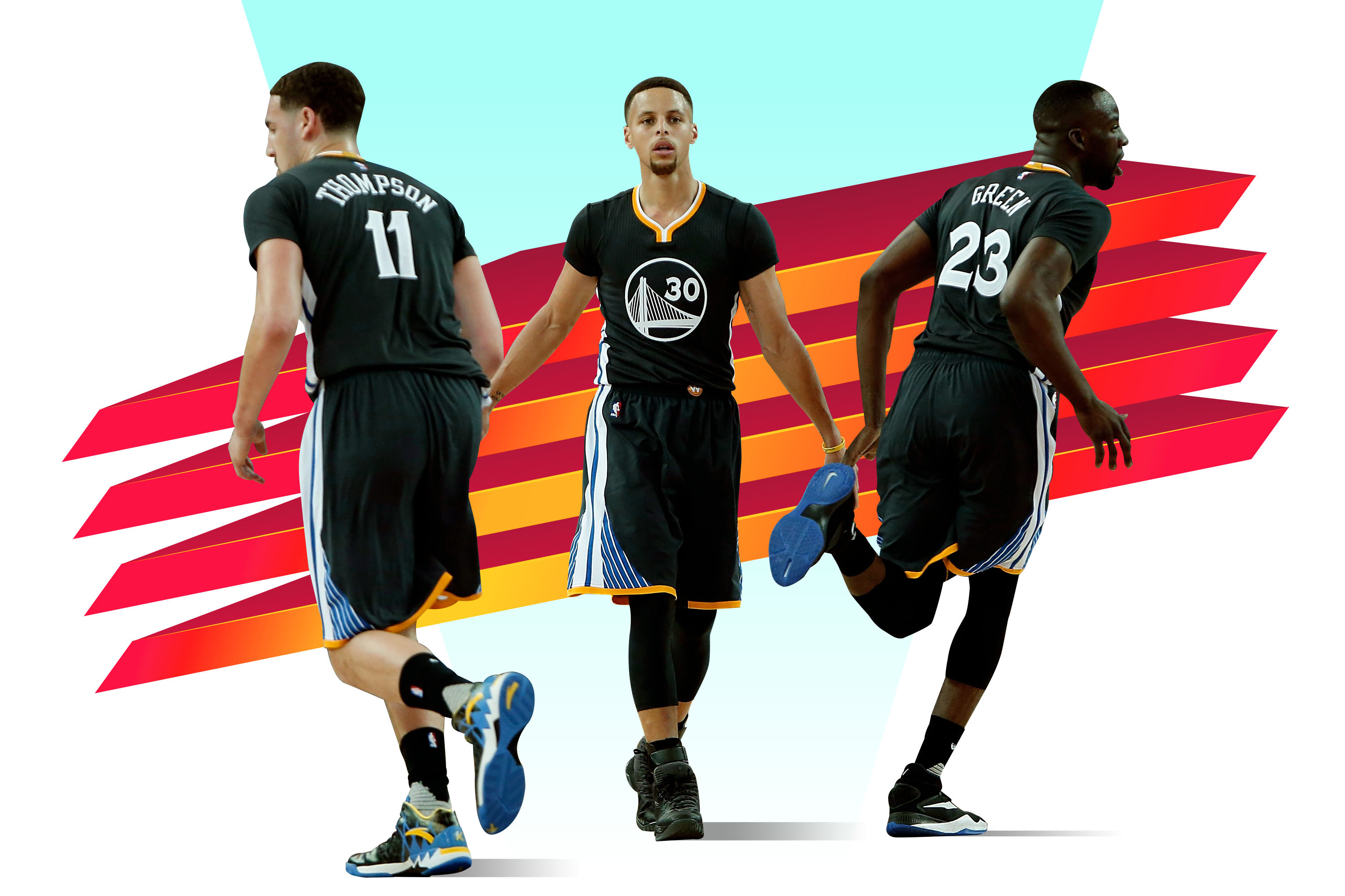 Klay Thompson, Stephen Curry and Draymond Green of the Golden State Warriors. (Lachlan Cunningham/Getty)