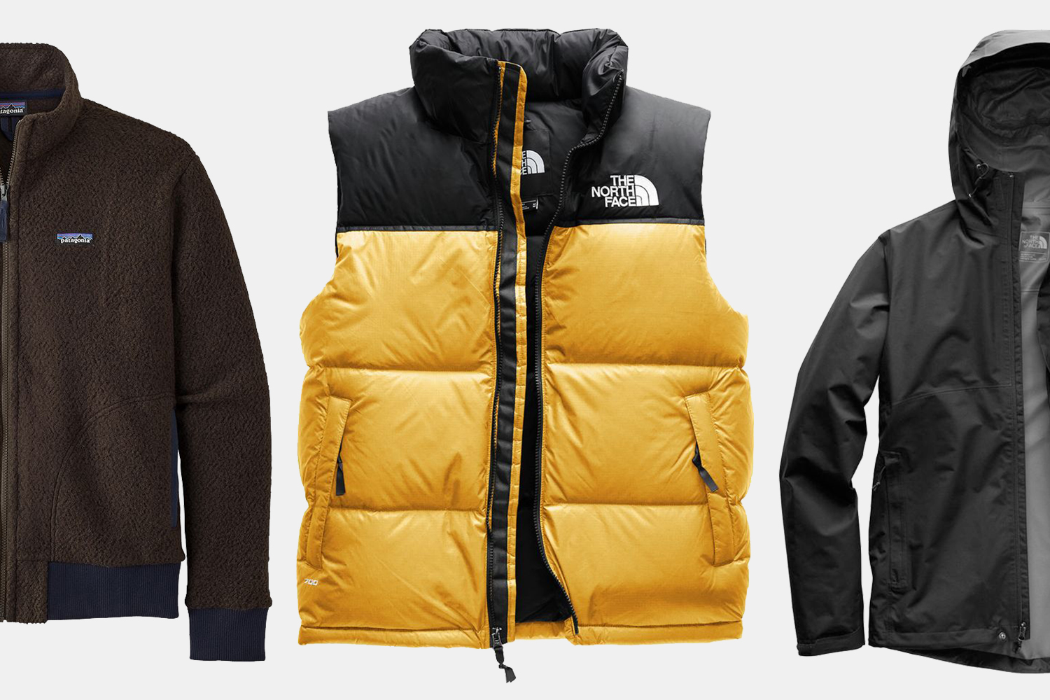The North Face rain jacket and vest, Patagonia fleece