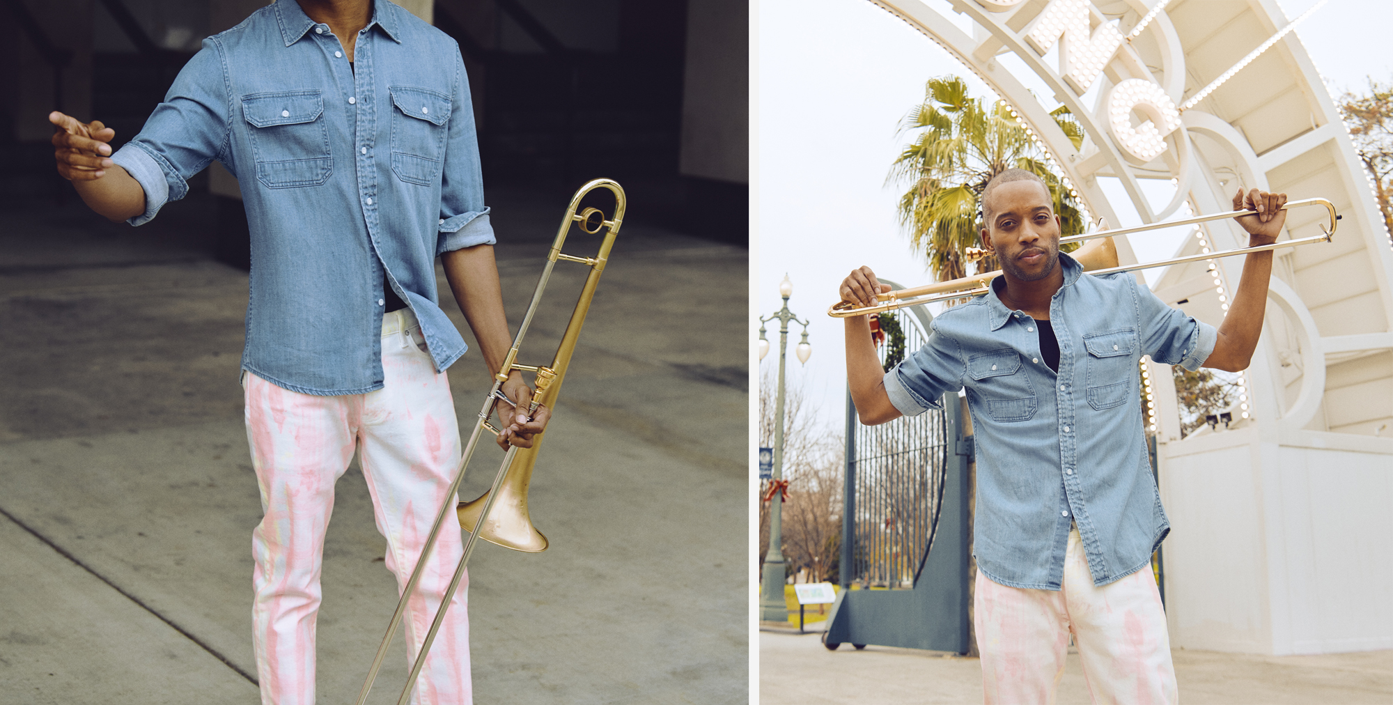 Trombone Shorty wearing 7 for all mankind and Ovadia at Louis Armstrong Park in New Orleans