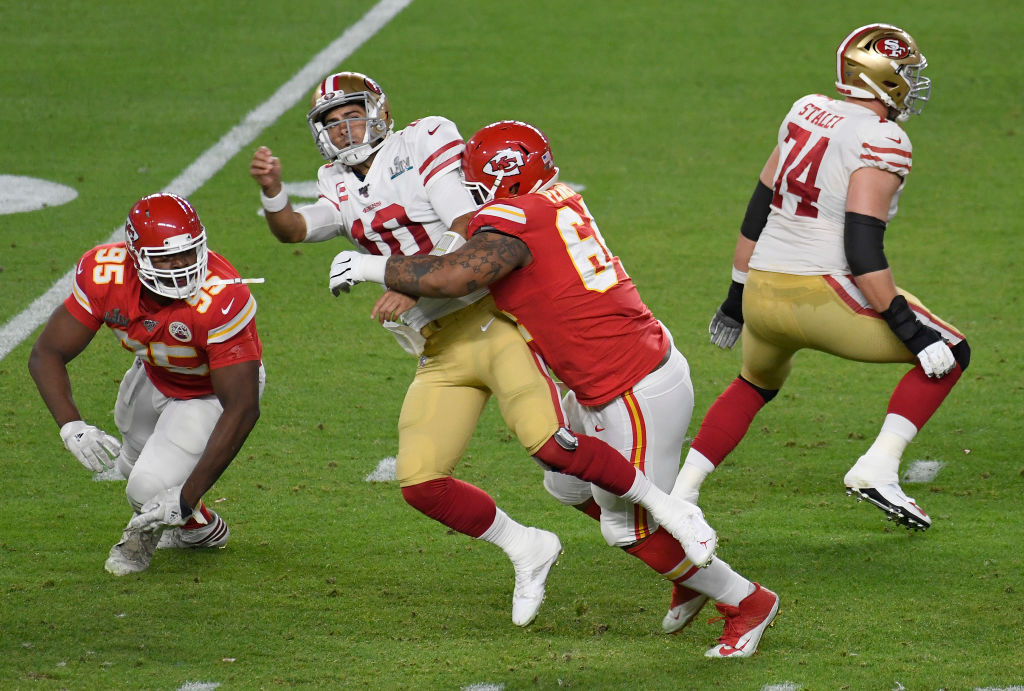 Mike Pennel of the Chiefs puts pressure on quarterback Jimmy Garoppolo of the 49ers. (Focus on Sport/Getty)