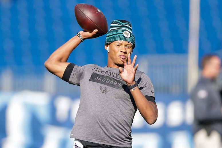 Joshua Dobbs of the Jacksonville Jaguars warms up before a game. (Silas Walker/Getty)