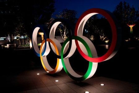The Olympic rings in Tokyo on April 7, 2020.  (BEHROUZ MEHRI/AFP via Getty)