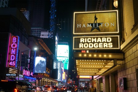 The Broadway marquee for the musical Hamilton