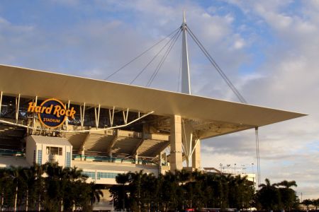 An exterior view of Hard Rock Stadium prior to the start of the Capital One Orange Bowl between the Florida Gators and the Virginia Cavaliers on December 30, 2019, in Miami Gardens, FL. (Photo by Douglas Jones/Icon Sportswire via Getty Images)