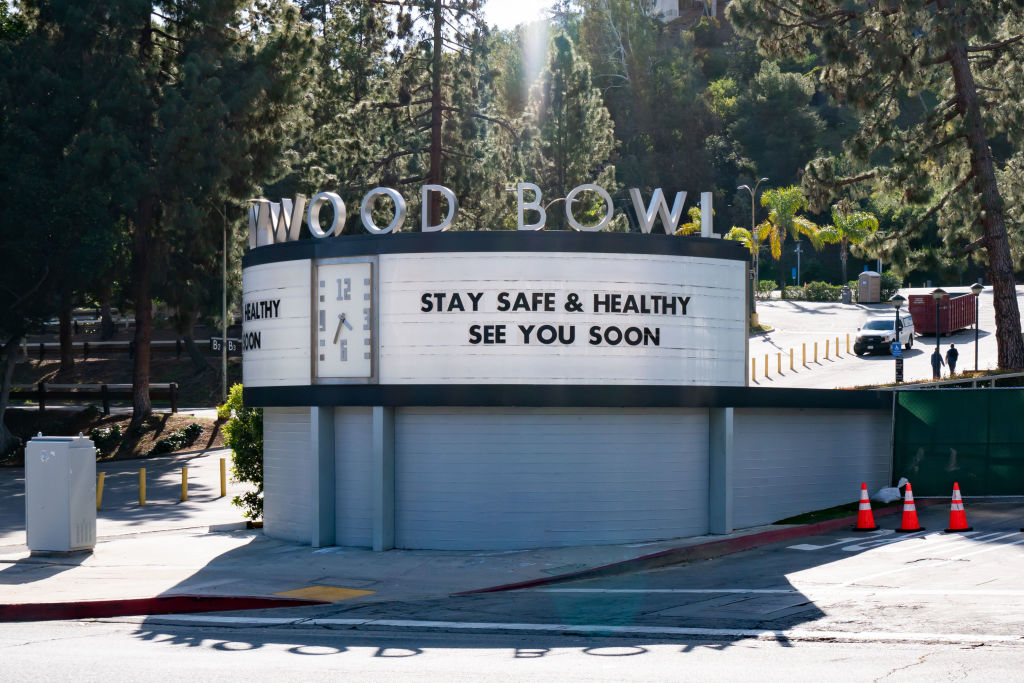 A general view of the Hollywood Bowl grand entrance after the 'Safer at Home' emergency order was issued by L.A. authorities amid the ongoing threat of the coronavirus outbreak on March 26, 2020 in Los Angeles. (Photo by AaronP/Bauer-Griffin/GC Images)