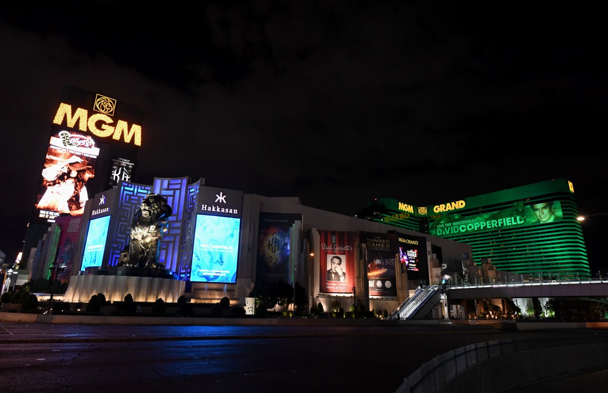 LAS VEGAS, NEVADA - MARCH 14:  An exterior view shows MGM Grand & Hotel & Casino as the coronavirus continues to spread across the United States on March 14, 2020 in Las Vegas, Nevada. Several employees at MGM Resorts International hotel-casinos on the Las Vegas Strip have tested presumptive positive for COVID-19. MGM Resorts International employees who can will start working from home next week. MGM has closed all nightclubs, dayclubs, buffets, spas, gyms and salons at its properties in Las Vegas and on Monday, it will close 150 food and beverage outlets and furloughs and layoffs will begin. The World Health Organization declared the coronavirus (COVID-19) a global pandemic on March 11th.  (Photo by Ethan Miller/Getty Images)