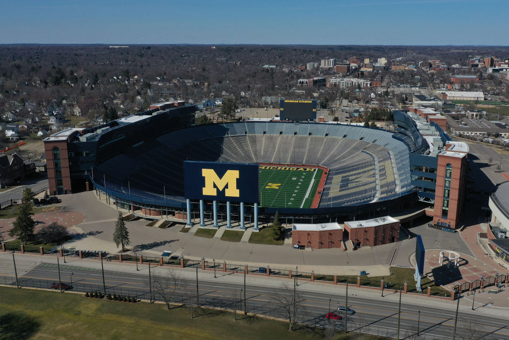 Aerial general view from a drone of Michigan Stadium on March 15, 2020 in Ann Arbor, Michigan.