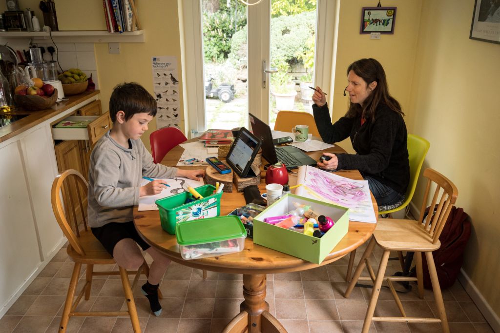 Mom home schools her child while working