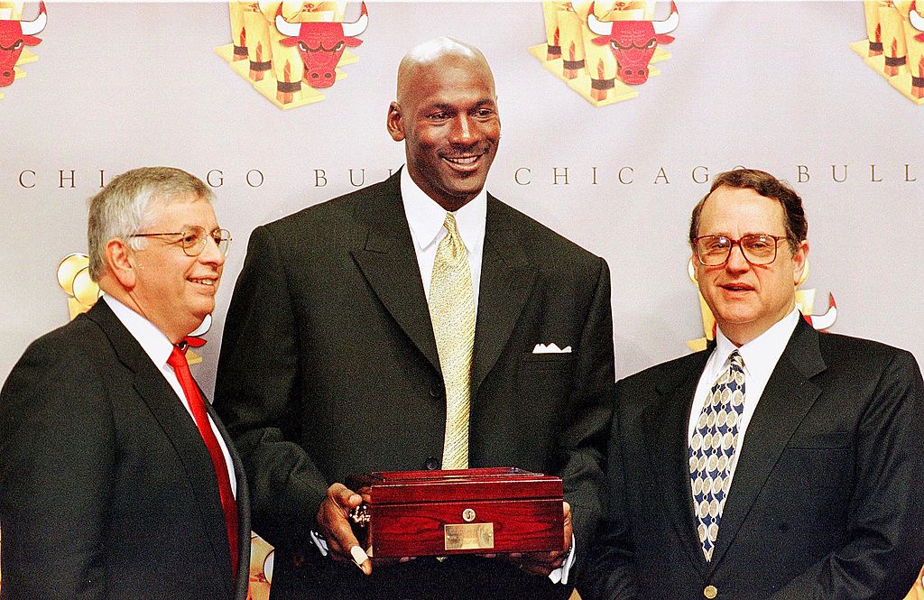 Michael Jordan with Jerry Reinsdorf, chairman of the Bulls, and NBA Commissioner David Stern