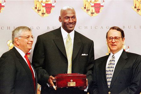 Michael Jordan with Jerry Reinsdorf, chairman of the Bulls, and NBA Commissioner David Stern