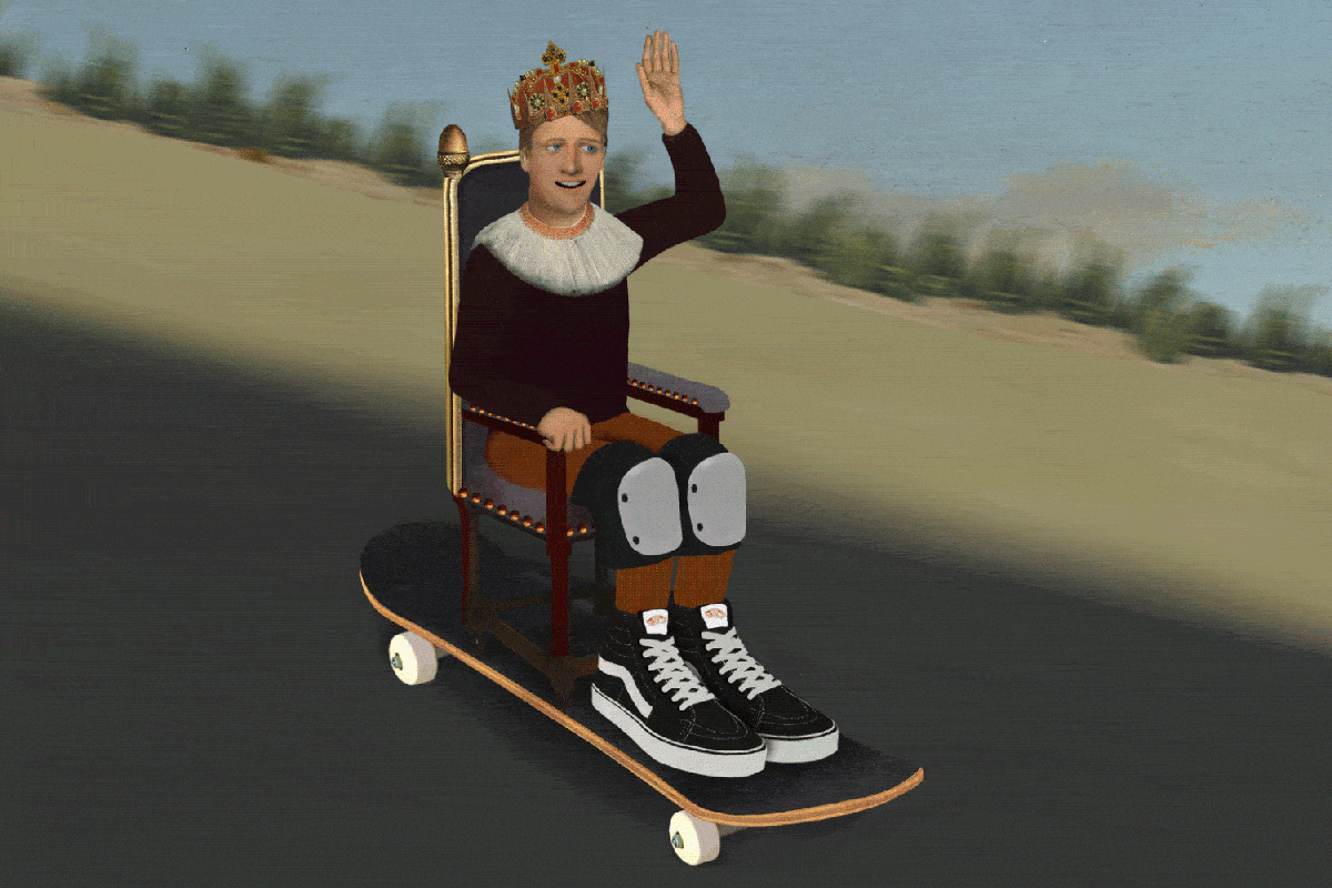 Tony Hawk wears Vans sneakers, rides a skateboard down a hill, and waves