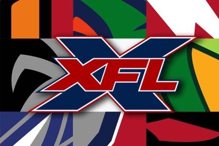 2020 XFL logo in front of football team logos