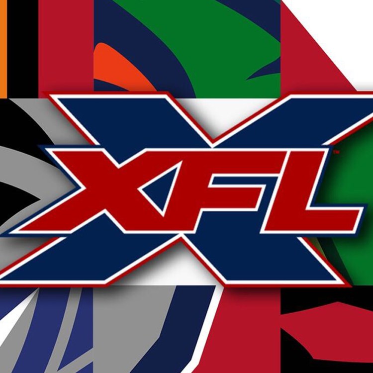 2020 XFL logo in front of football team logos