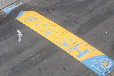 A bird flies over the Boston Marathon finish line on April 20, 2020. (Suzanne Kreiter/The Boston Globe via Getty)