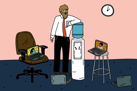 A cartoon man hangs out by the water cooler