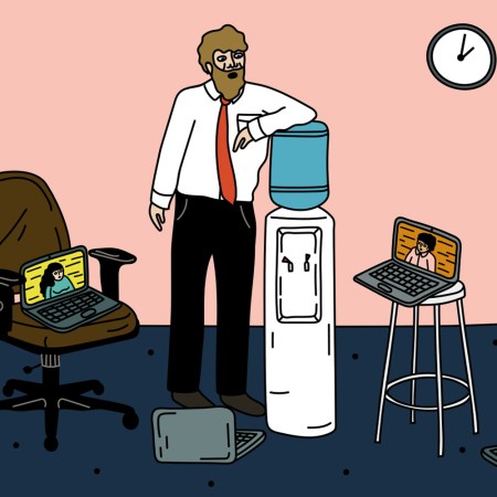 A cartoon man hangs out by the water cooler