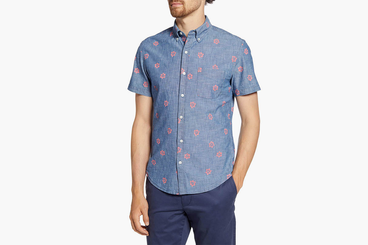 Bonobos Slim Fit Floral Short Sleeve Button-Down Chambray