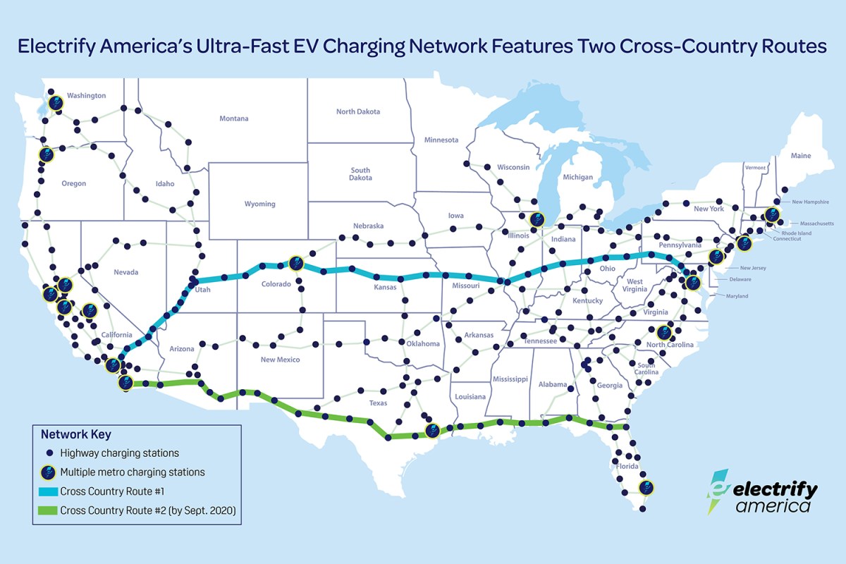 Electrify America map of electric vehicle charging station network