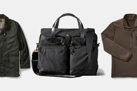 Filson waxed coat, tin cloth briefcase and fleece jacket