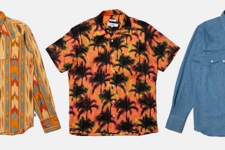 Freemans Sporting Club palm tree shirt, Ikat Western shirt and denim shirt