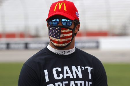 NASCAR driver Bubba Wallace wearing an "I Can't Breathe" shirt