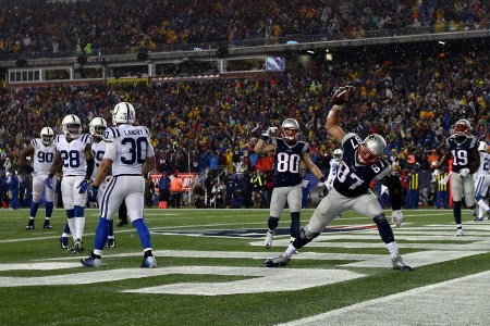 Rob Gronkowski spikes the ball after a touchdown