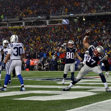 Rob Gronkowski spikes the ball after a touchdown