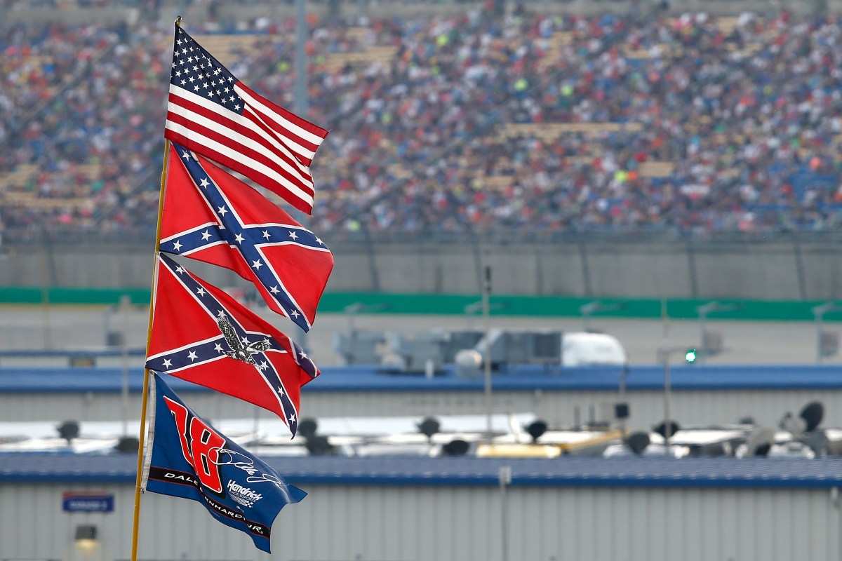 Confederate flags flying at a NASCAR stock car race