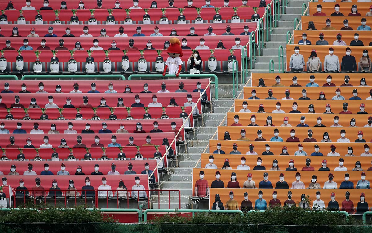 The stands at SK Wyverns club's Happy Dream Ballpark, filled with paper people. 