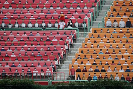 The stands at SK Wyverns club's Happy Dream Ballpark, filled with paper people. 
