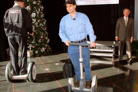 Segway inventor Dean Kamen demonstrates the futuristic scooter in December 2001
