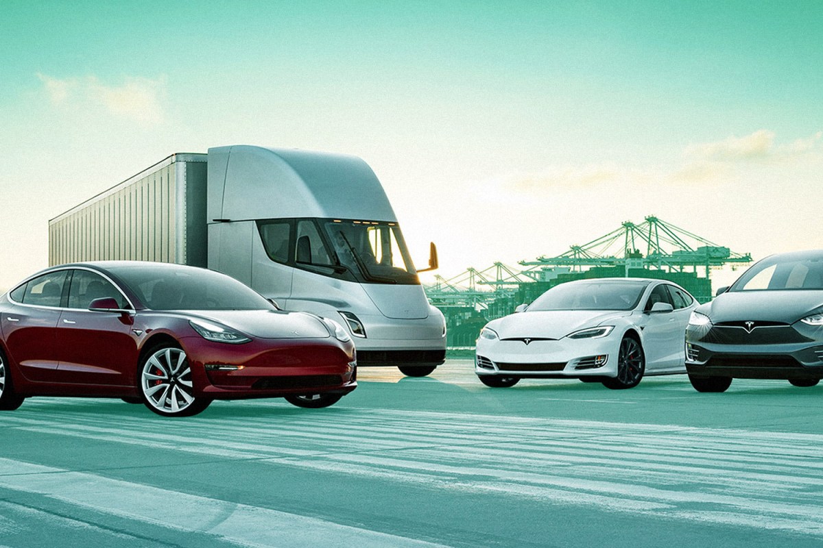 Tesla's fleet of vehicles including the Model 3 and Semi truck
