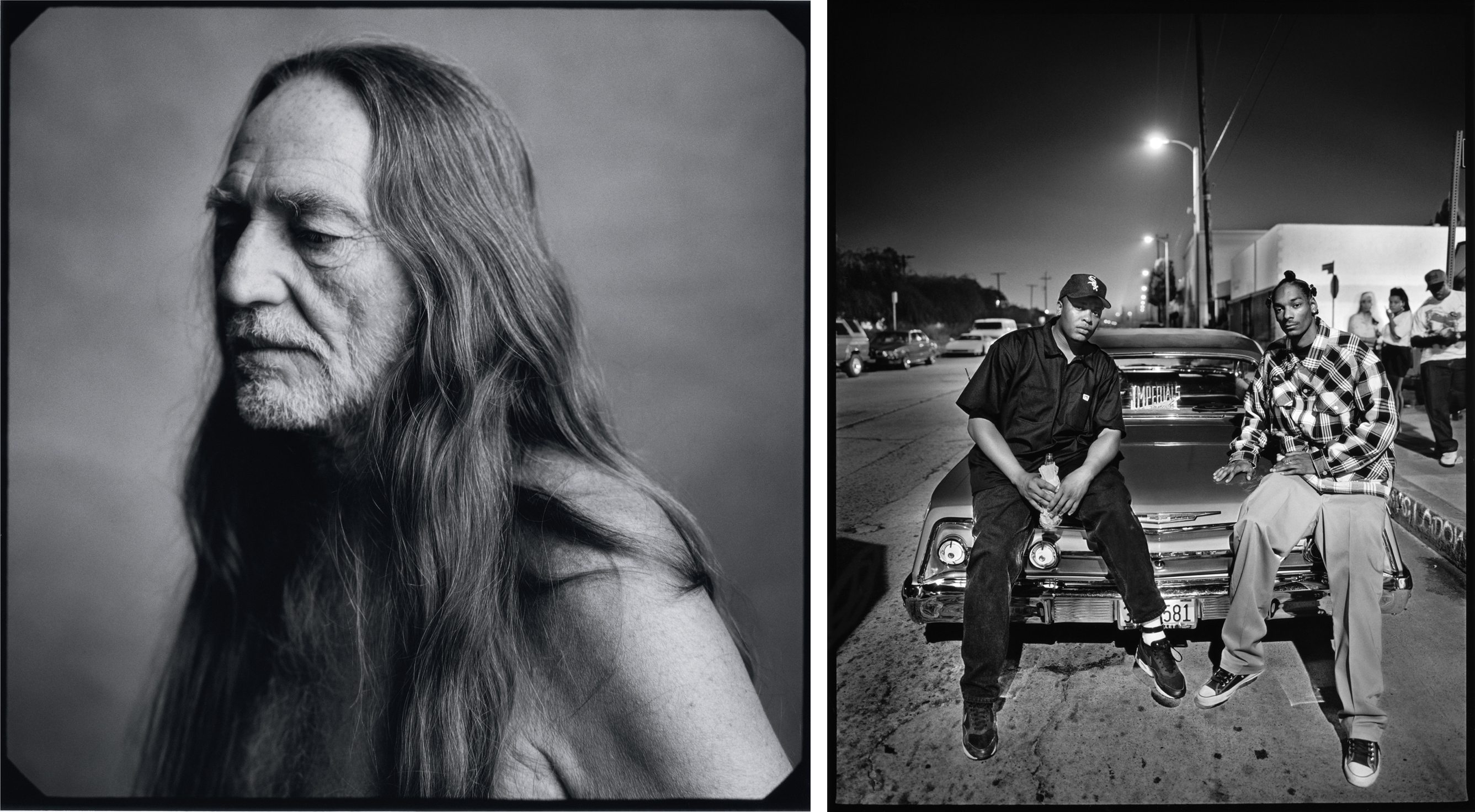 Left: Willie Nelson, New York, NY, 1996. Right: Dr. Dre and Snoop Dogg, Los Angeles, CA photograph by Mark Seliger
