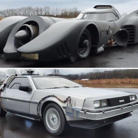 Batmobile movie replica and DeLorean Back to the Future replica
