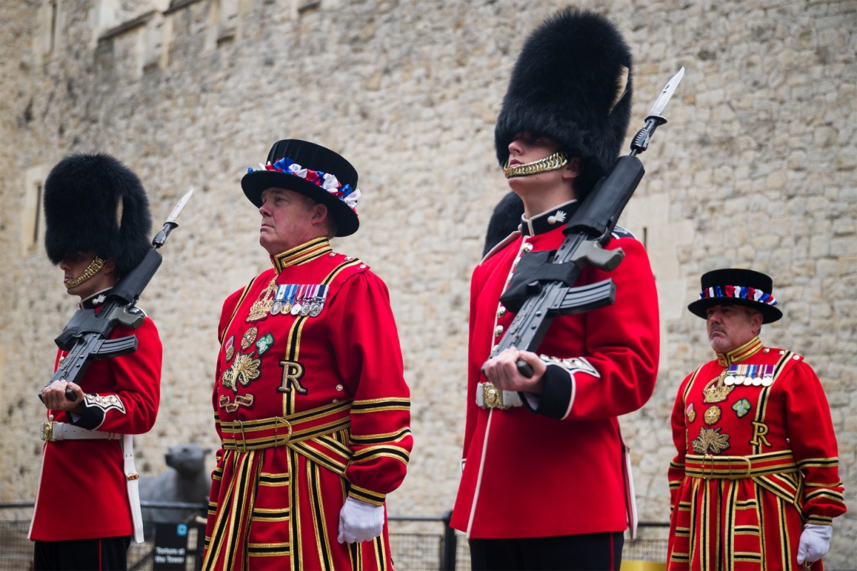 Beefeaters, or Yeoman Warders, and Guardsmen reopen the Tower of London on July 10, 2020