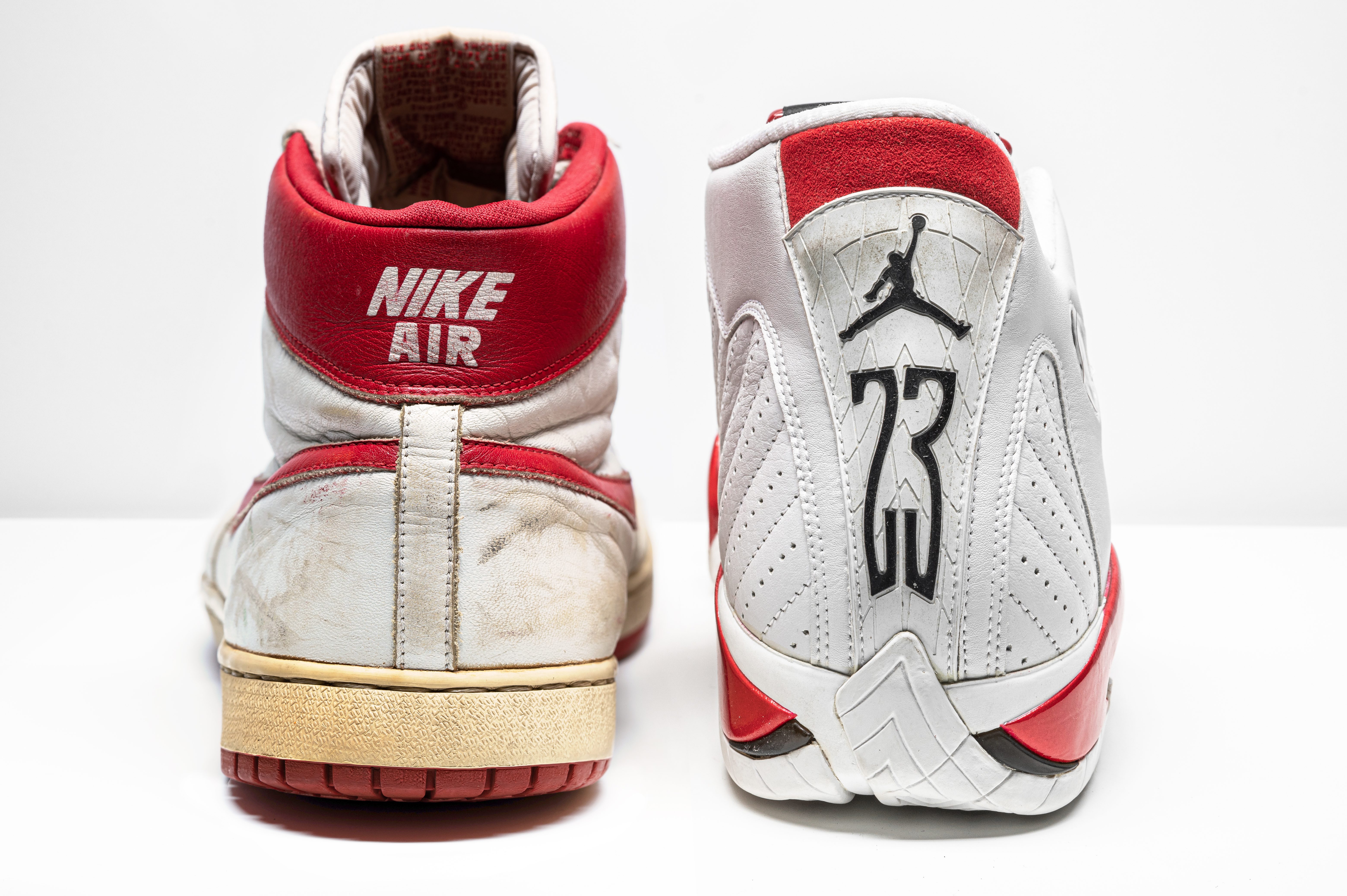 Two unmatched Jordans that will be available at the The "Original Air: Michael Jordan Game-Worn and Player Exclusive Sneaker Rarities" auction.