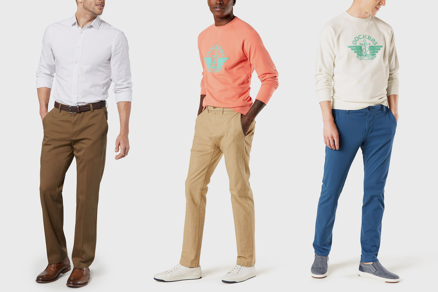 Dockers men's khaki pants in brown, tan and blue