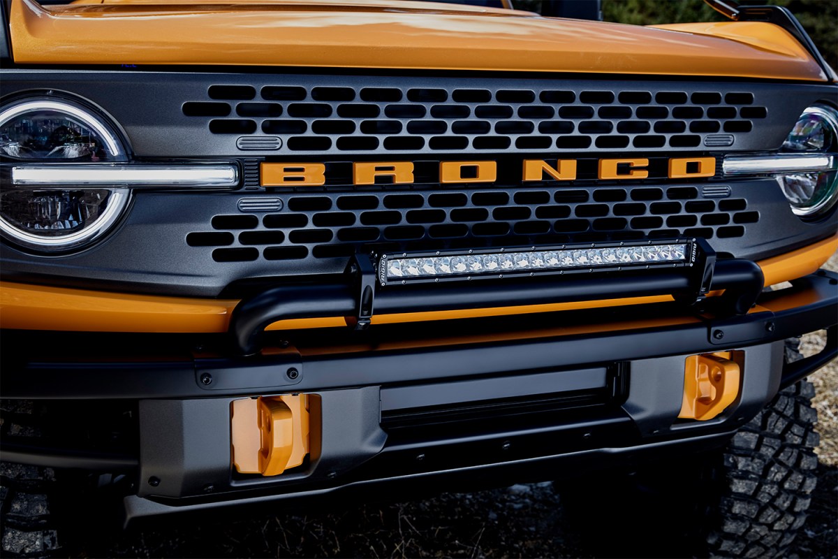 The grille of a 2021 Ford Bronco two-door off-road SUV