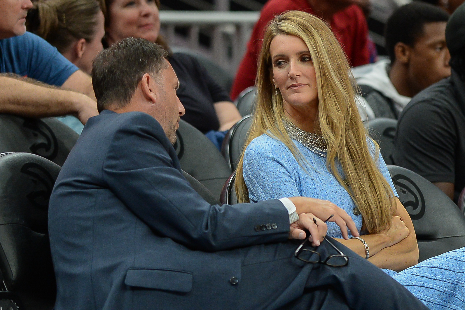Atlanta owner Kelly Loeffler talks with General Manager Chris Sienko during the WNBA game between the Las Vegas Aces and the Atlanta Dream on September 5th, 2019. 