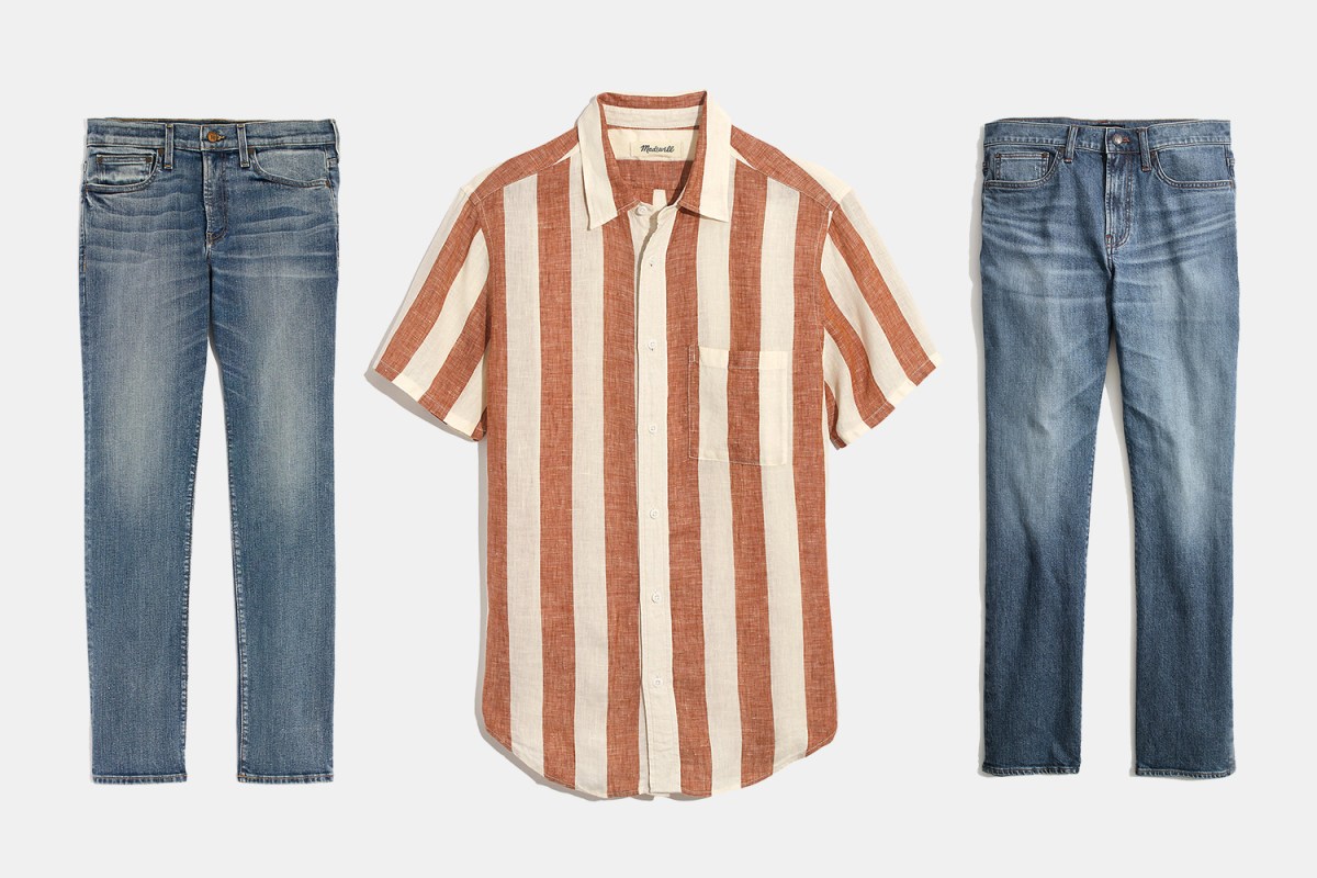 Madewell Men linen short-sleeve shirt and two pairs of denim jeans