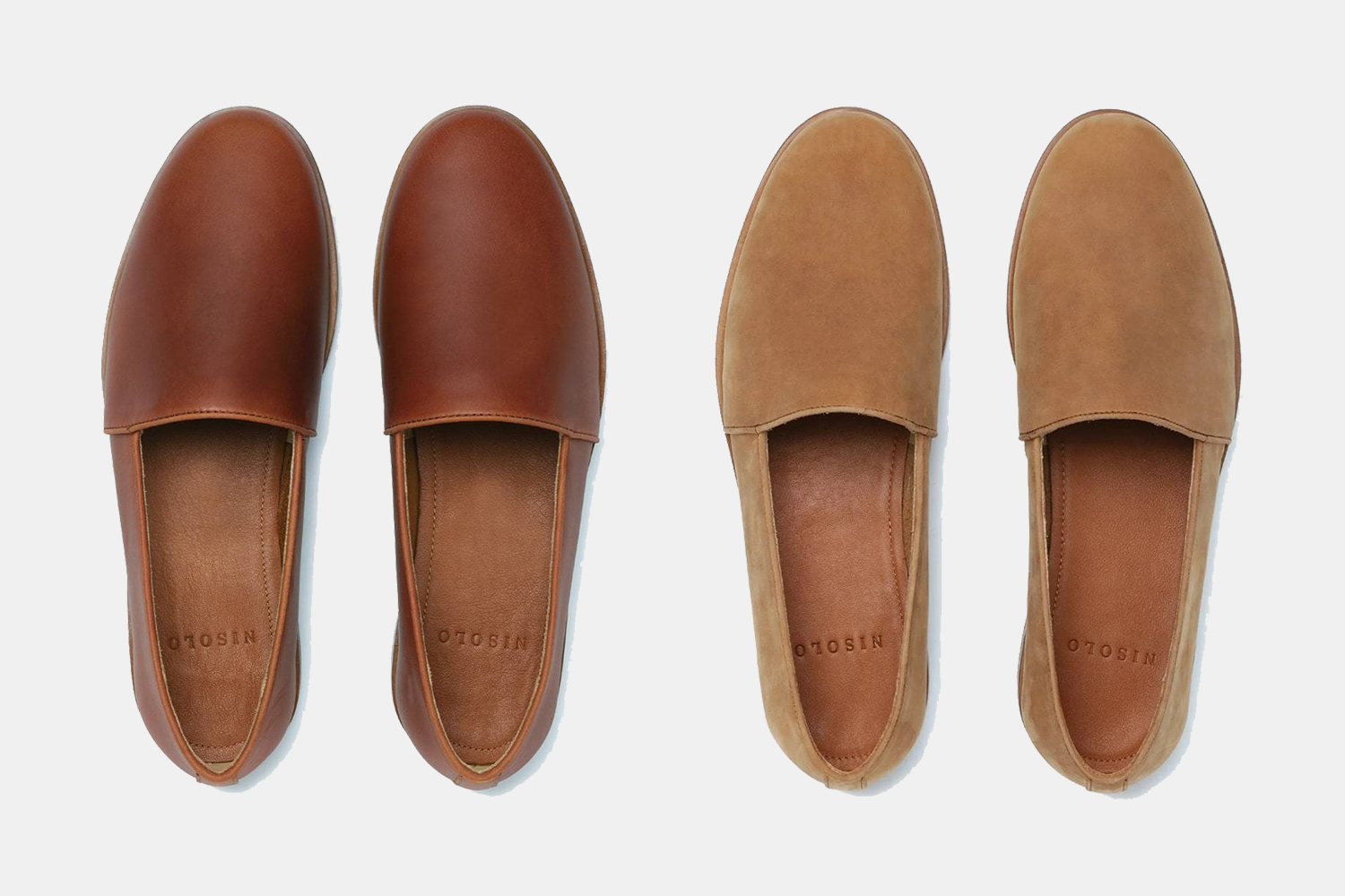 Nisolo men's Alejandro slip-on shoes in brandy and tobacco leather