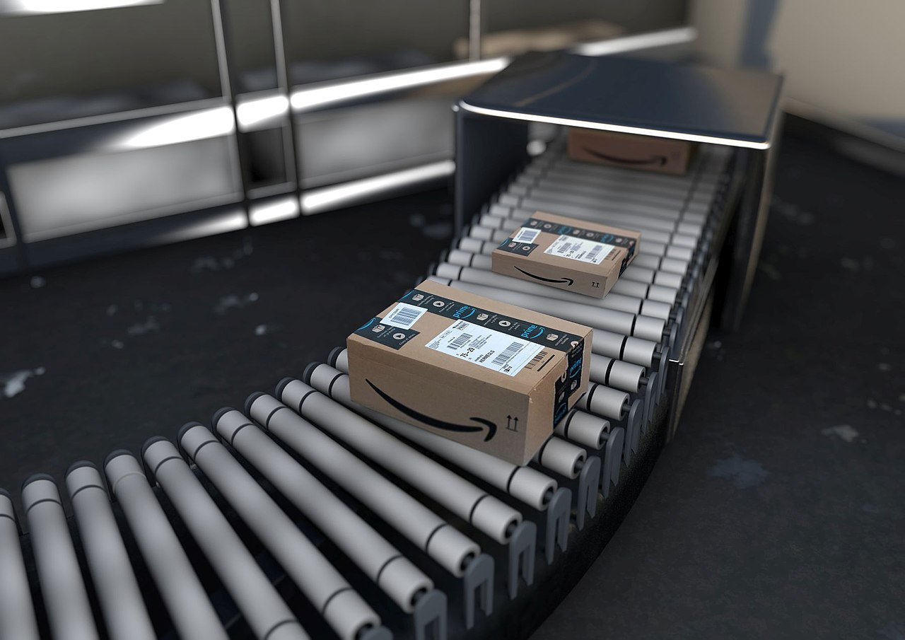 Amazon boxes on a conveyor belt