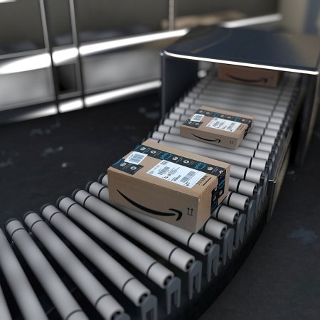 Amazon boxes on a conveyor belt