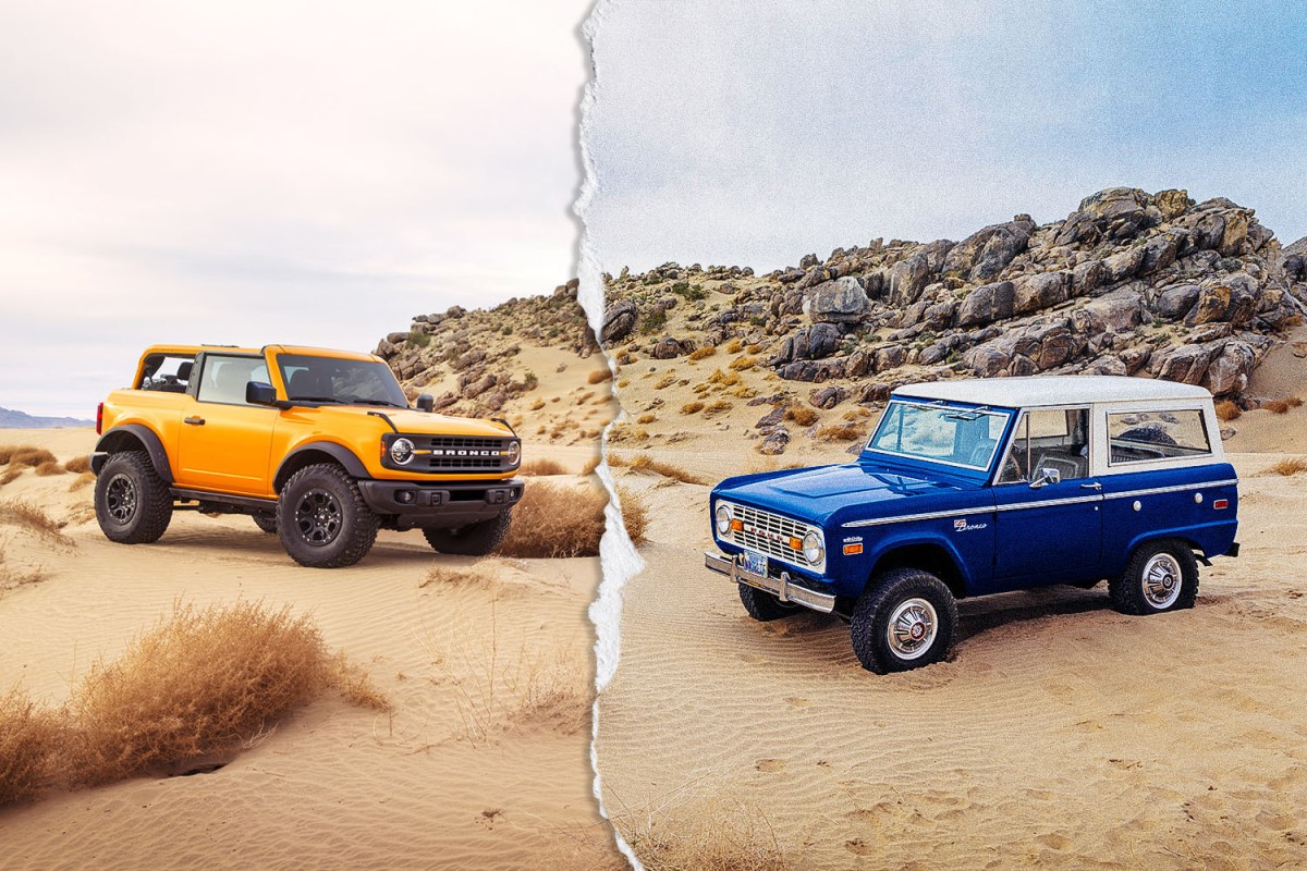 A 2021 two-door Ford Bronco and a vintage Bronco