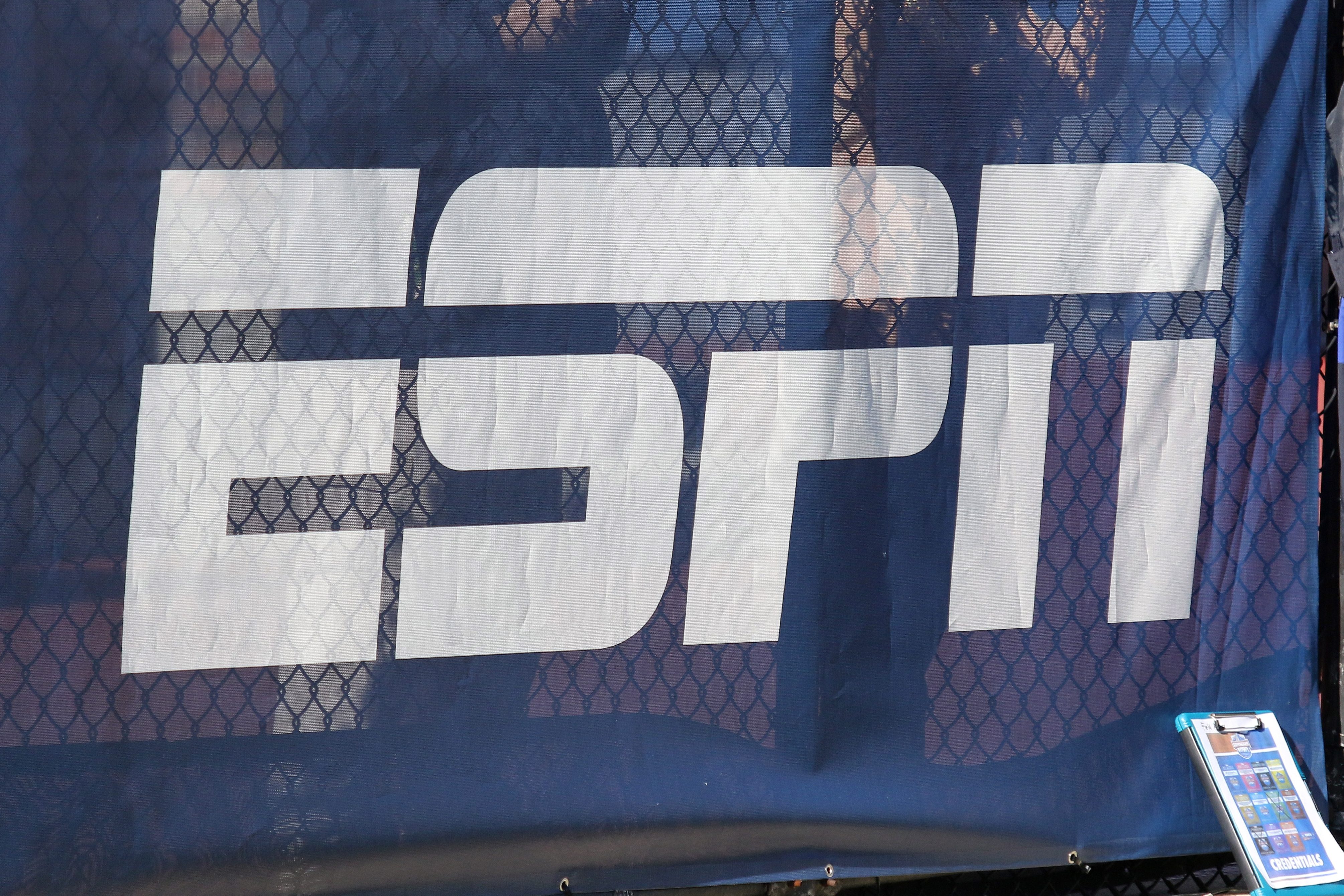 The ESPN logo on display at the Birmingham Bowl in 2018