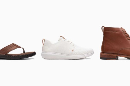 A lineup of Clarks sandals, sneakers, boots