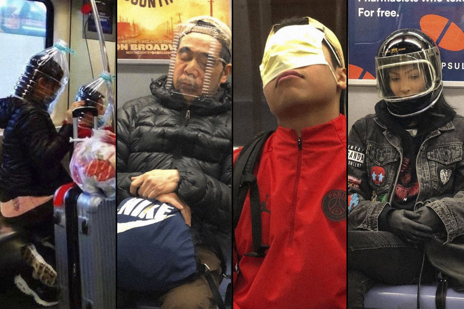 New York City subway riders wearing makeshift COVID-19 face masks