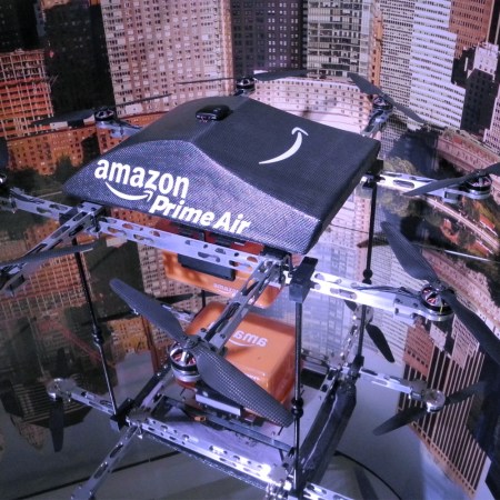 A drone designed to deliver packages from online retailer Amazon on show at the exhibition "Drones: Is the Sky the limit?" at the Intrepid Sea, Air and Space Museum in New York City, USA, 2 August 2017.
