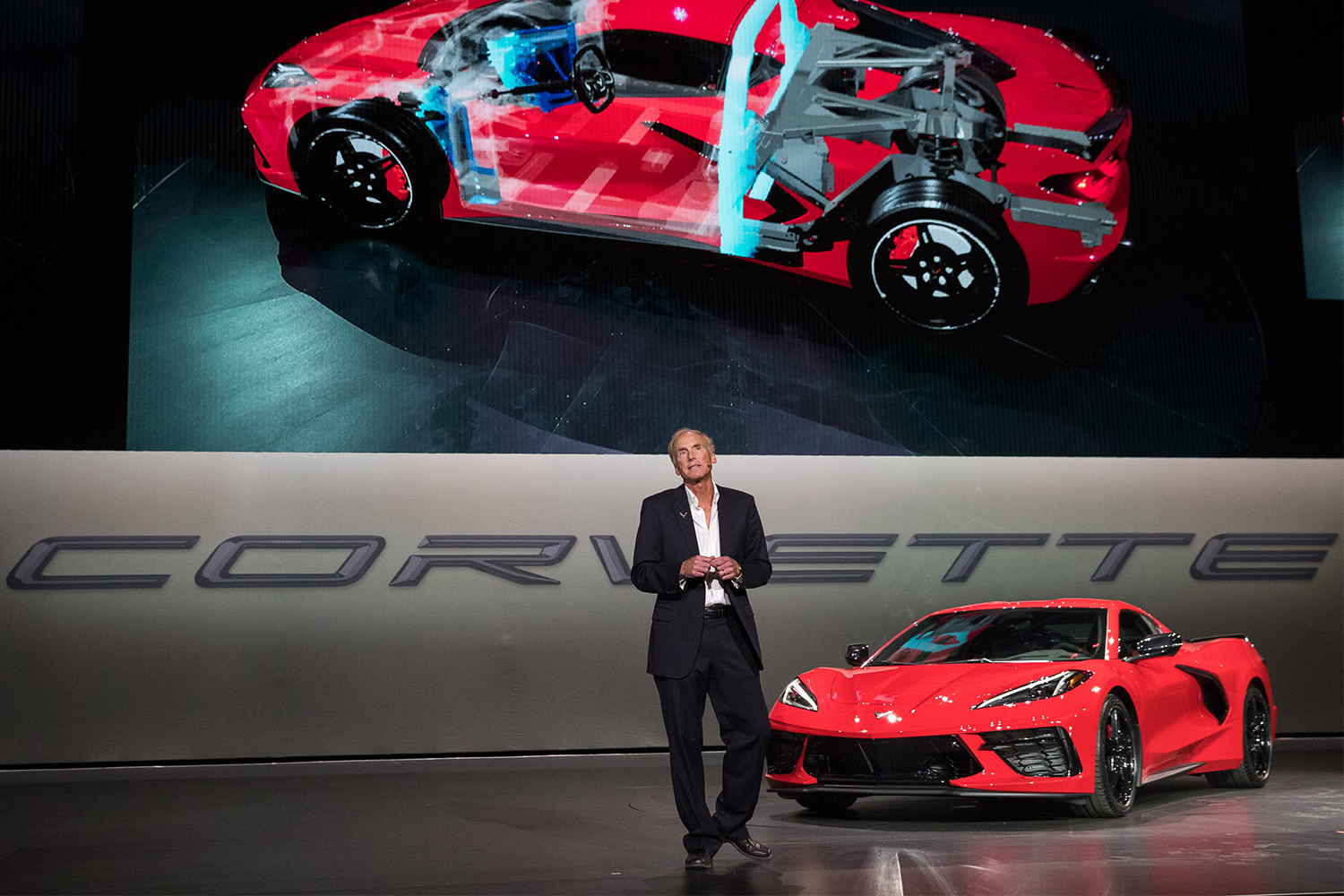 Executive Chief Engineer Tadge Juechter introduces the 2020 Chevrolet Corvette Stingray in July 2019