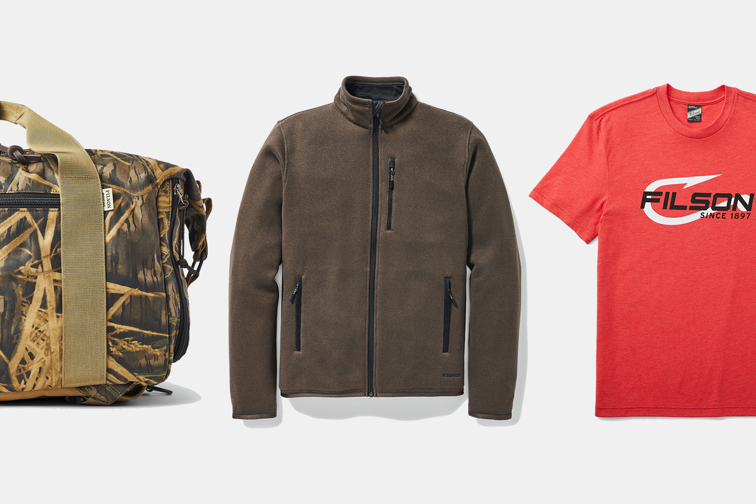 A Filson x Mossy Oak collab duffel bag, fleece jacket and graphic T-shirt